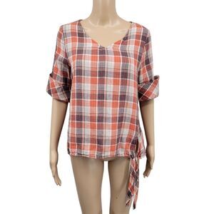 Oddy Oddi Linen Cotton Orange Oatmeal Plaid V-Neck Tie Front Women's Top